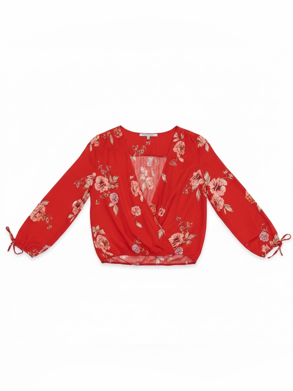 Red Floral Wrap Crop Top Tie Sleeve Lightweight Size M